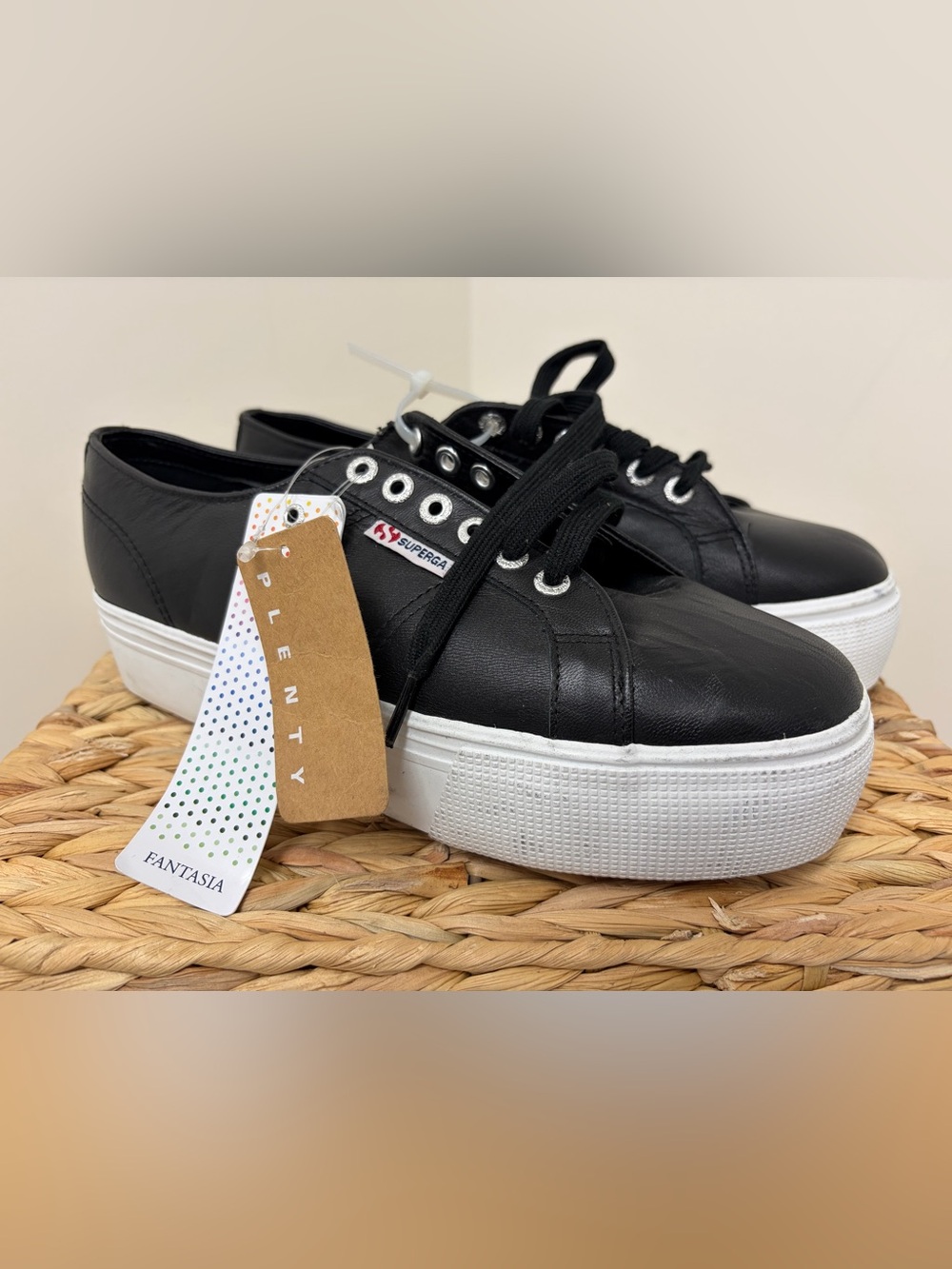 Superga Black Leather Platform Lace-Up Sneakers with White Platform
